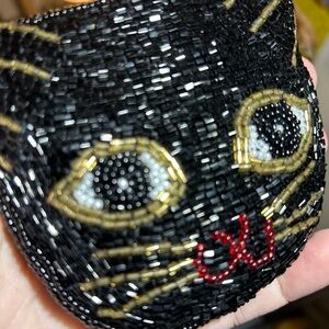 Beaded Cat Face Coin Purse - Black and Gold